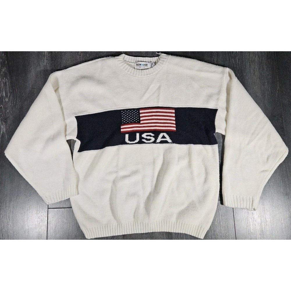 Vintage New Era Knit Sweater Adult M White American USA Flag 1990s Retro Grandpa